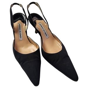 MANOLO BLAHNIK Black Suede Carolyne Slingback Heels - 7 1/2
